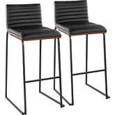 Mason Mara 30" Bar Stool in Black Metal, Walnut Wood & Black Leatherette (Set of 2)